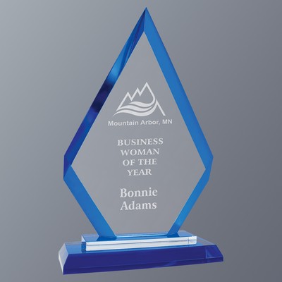 Regal Diamond Glass Award with Blue Edges and Base, Medium (4-3/4"x 7-1/2"H)