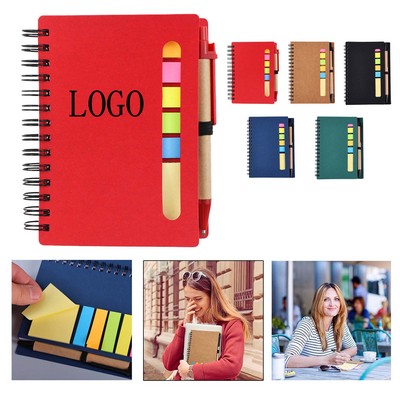 5.8" x 4" Kraft Cover Spiral Notebook w/ Sticky Notes & Pen