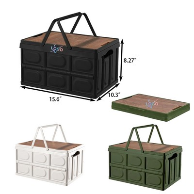Foldable Storage Bin with Handle and Wood Top