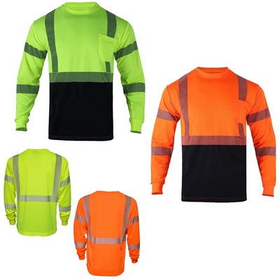 Long Sleeve Reflective Front Colorblock Safety Birdseye Mesh