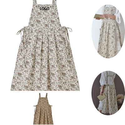 Floral Print Cotton Waterproof Apron with Pocket for Cooking