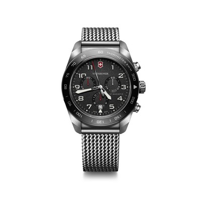 Swiss Army Chrono 42mm, silver case, black bezel/dial, steel bracelet