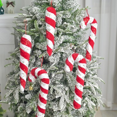 Pearl Sequin Red White Plush Christmas Ball Candy Cane Ornaments