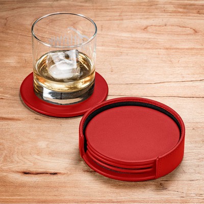 Red Leatherette 4 Round Coaster Set w/ Holder