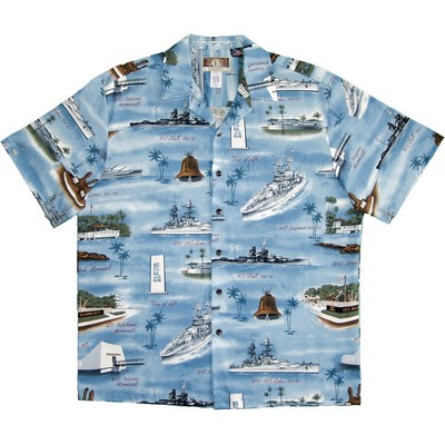 Blue Hawaiian Tropical Military Print Shirt - Navy Ships Circa WWii - in-stock Sizes: S - 3XL