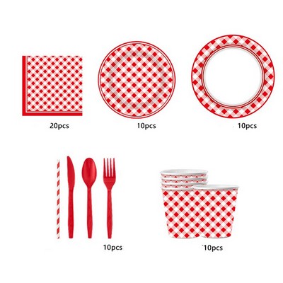 Red Plaid Party Supplies Disposable Paper Plates Cups Set Birthday Gathering Afternoon Tea