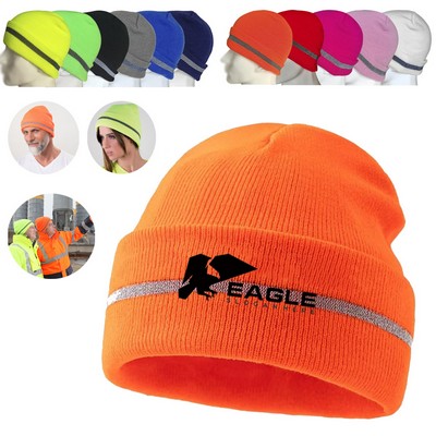 Reflective Striped Lined Fluorescent Knitted Beanie Hat