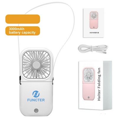 3000 mAh Portable Foldable Fan Hand Held Personal Fan Neck Fan Power Bank W/ Lanyard