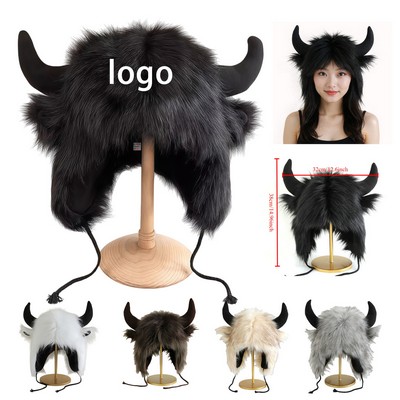 Cozy Winter Faux Fur Bull Horn Plush Hat