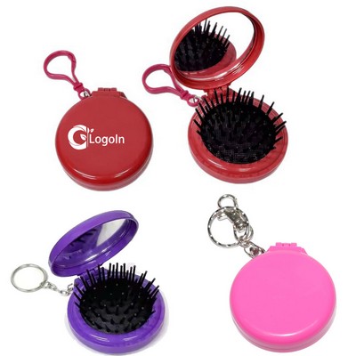 Foldable Travel Mirror Hair Brush Round Portable Pocket with Key Chain