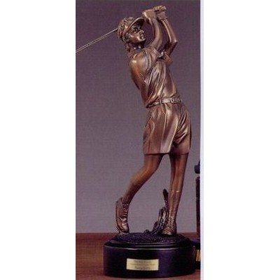 Lady Golfer In Shorts Back Swing Trophy w/Round Base (3"x9")