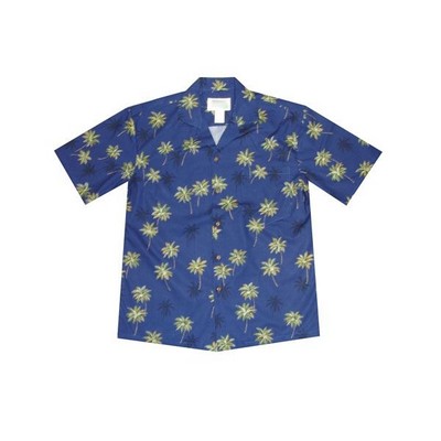 Navy Hawaiian Shirt (S - 3XL in-stock) - 100% Cotton Poplin Tropical Print w/ Coconut Buttons
