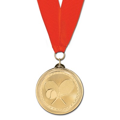 Tennis Brite Laser Medal w/Grosgrain Neck Ribbon (2")