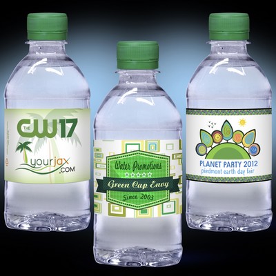 12 Oz. Custom Label Water w/Green Flat Cap - Clear Bottle