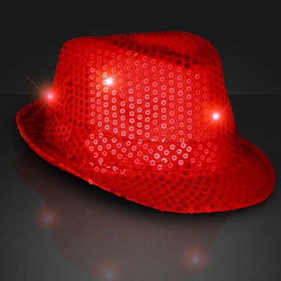Printed Sequin Red Fedora Hats with Flashing LEDs - BLANK