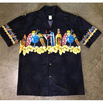 Black Hawaiian Shirt - 100% Cotton Poplin Tropical Print w/ Coconut Buttons (S - 3XL in-stock)