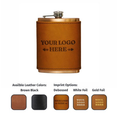 8 Oz. Copper Coated Stainless Flask w/ Full-Grain Leather Wrap / Gift box
