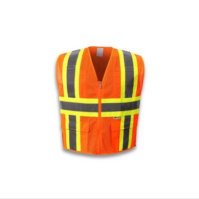 High Visibility Contrast Vest, Class 2, Orange, Mesh, Zipper Closure