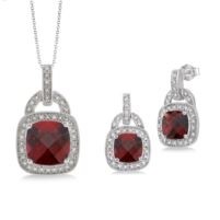 Jilco Inc. Cushion Cut Garnet & Diamond Earring & Necklace Set