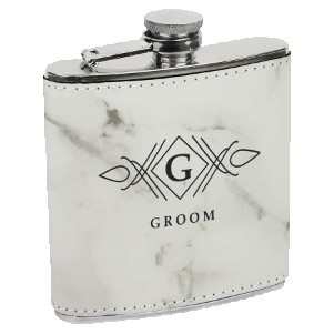 6 Oz. White Marble Laserable Leatherette Stainless Steel Flask