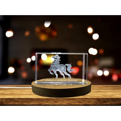 Horse Chinese Zodiac Sign 3D Engraved Crystal Trophy Award w/LED Base