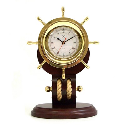 Ship's Wheel Clock On Teak Wood