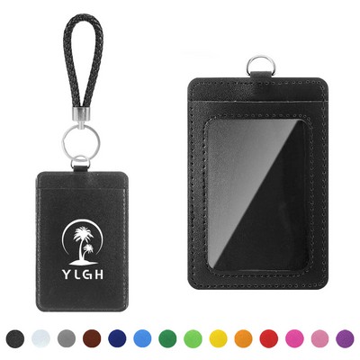 2 Sides PU Leather Badge Holder With Keychain