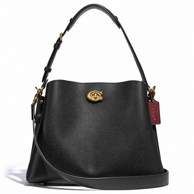 COACH Polished Pebbled Leather Willow Shoulder Bag - Black/Brass