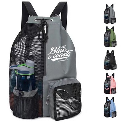 Mesh Beach Drawstring Backpack with Wet Dry Pocket & Multiple Pocket