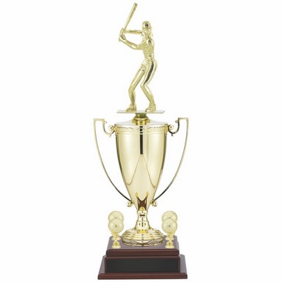 24 3/4" Female Softball Player Trophy with 13" Gold Cup with Figure and Trims
