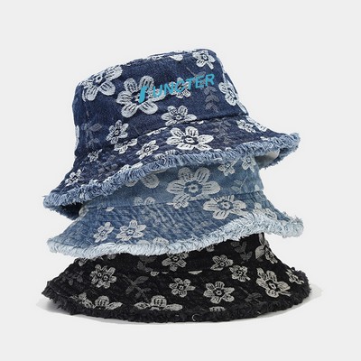 Flower Distressed Denim Jean Bucket Hat Sun Hat