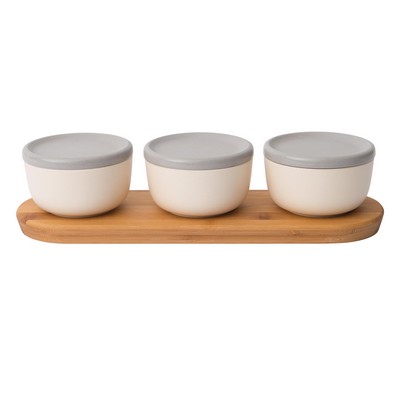 BergHoff Leo 6Pc Covered Bowl Set W/ Bamboo Tray, White