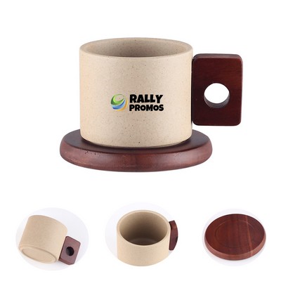 Retro Wooden Handle Saucer Ceramic Tea Coffee Mug