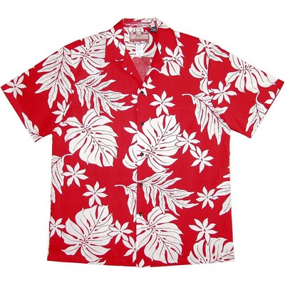 Red Hawaiian Shirt - 100% Cotton Poplin Tropical Print w/Coconut Buttons (S - XXL IN STOCK)