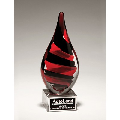 Black/Red Helix Teardrop Art Glass on Clear Base, 8"H