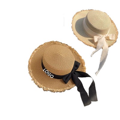 Wide Brim Sun Straw Hat With Ribbon Band