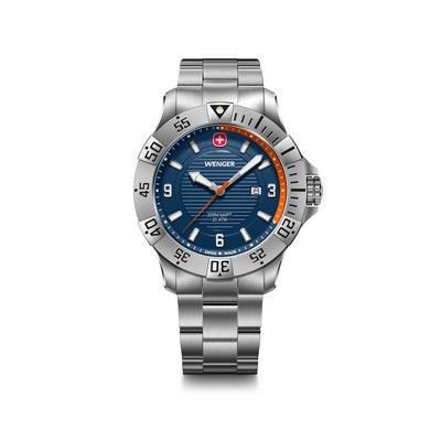 Seaforce 43mm, silver case/bezel, blue dial, steel bracelet