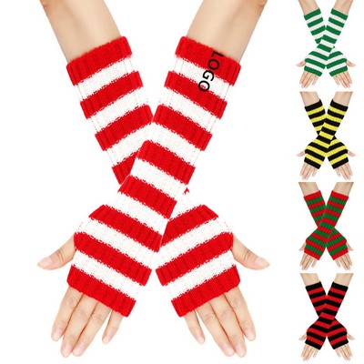 Striped Arm Warmers Long Fingerless Knitted Gloves