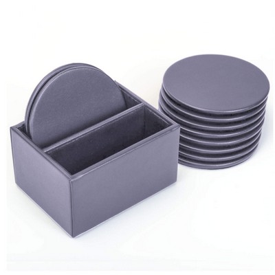 Gray Leather 10 Square Coaster Set w/ Holder