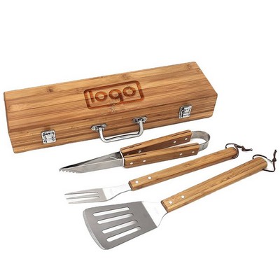 3PCS Wooden Handle Stainless Steel BBQ Set w/ Case