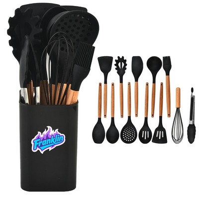 MOQ 20 Black Wooden Handle Silicone Kitchen Set 12Piece