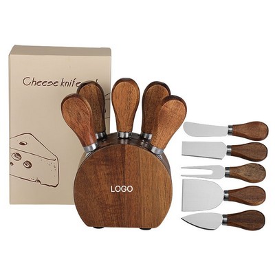 6pcs Stainless Steel Cheese Knife Set Acacia Wood Stand
