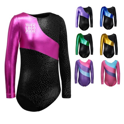 Girls Long Sleeve Gymnastics Leotards Outfit Black Shorts Dance Unitard Biketard