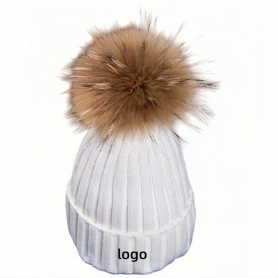 2023 Solid Color Cuffed Knit Beanie with Faux Fur Pom Pom Korean Style Winter Hat