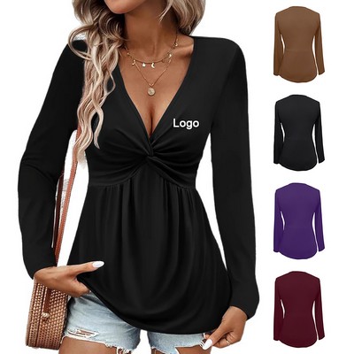 Women V-Neck Front Knotted Blouse Shirt Long Sleeve Elegant Casual T-Shirt Solid Color Tops
