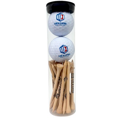 2 Ball Tube w/Eighteen 3 1/4" Tees & 2 Plain White Golf Balls