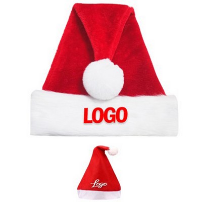 Polyester Plush Santa Hat W/ Fluffy Pom Pom