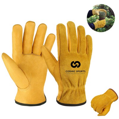 Leather Work Gloves Flex Grip Tough Cowhide Gardening