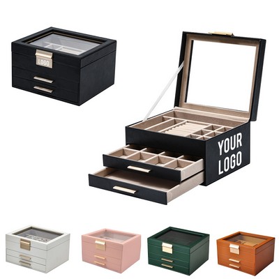 Pu Triple-Layer Jewelry Storage Box With Window