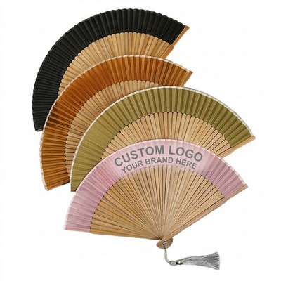 Bamboo Folding Hand Fan With Black Fabric Top